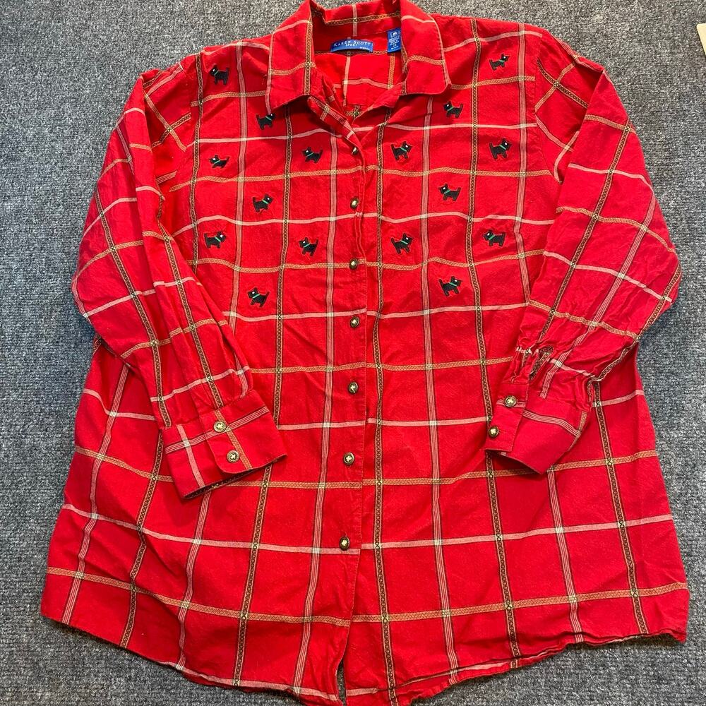 VTG Karen Scott Sport Womens 2X Plus Red Plaid Scottie Dog Button Down Shirt